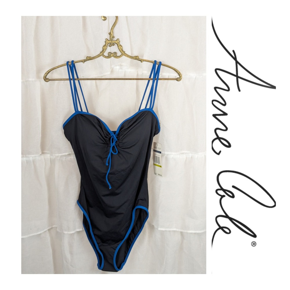 Anne Cole Black Blue Ruched Front Keyhole One-Piece Swimsuit Size 14